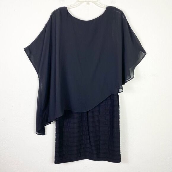 Adrianna Papell Black Asymmetric Chiffon Overlay Capelet Sheath Dress Size 6 - Picture 3 of 6